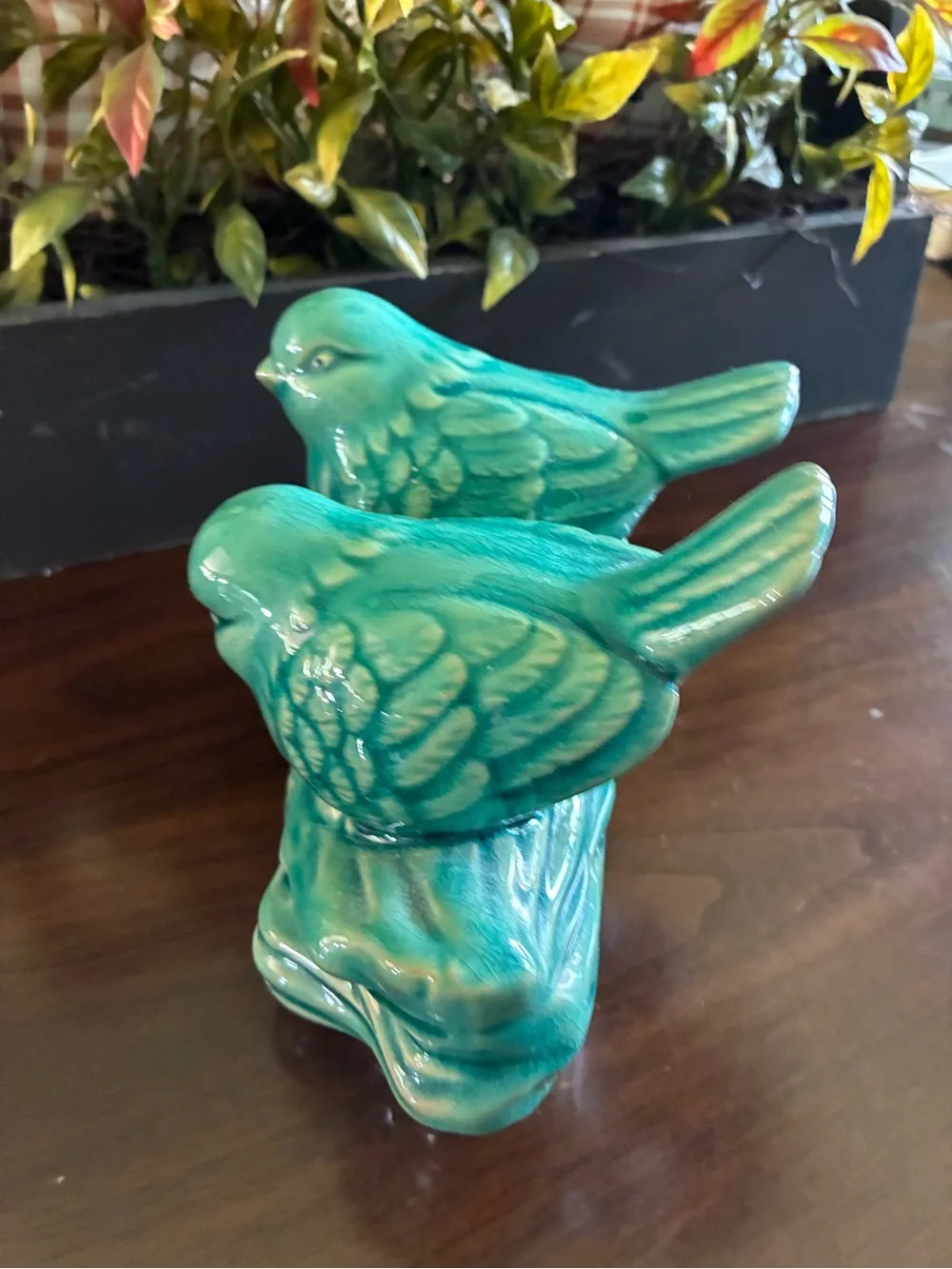 Turquoise Ceramic Bird Figurine Pair on Branch - Home Art euc 9” long x 5” high